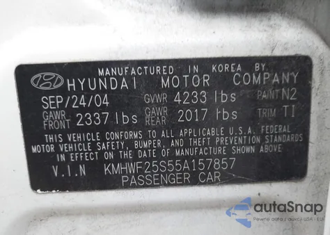 2005 Hyundai Sonata Gl z USA, uszkodzony, nr VIN KMHWF25S55A157857